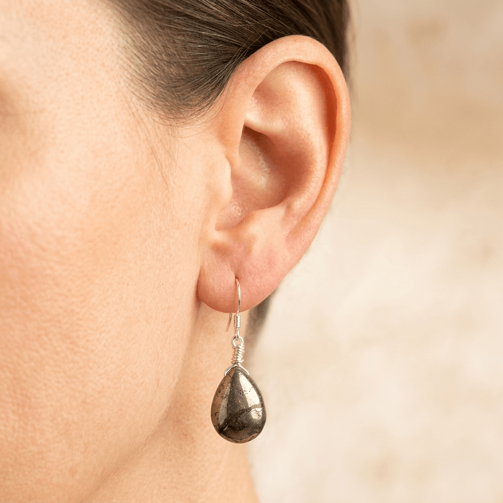 Natural Pyrite Teardrop Silver Earrings