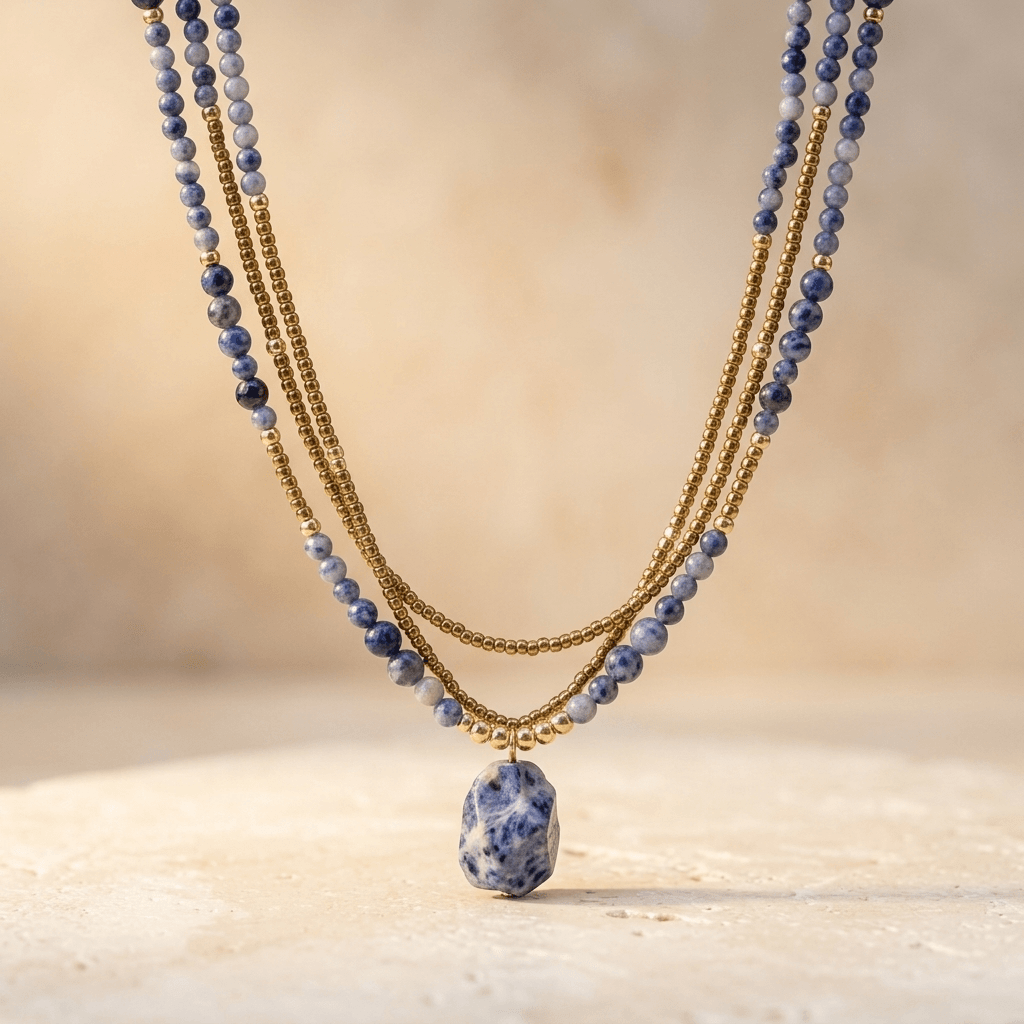 Blue Sodalite Gold Beaded Layered Necklace