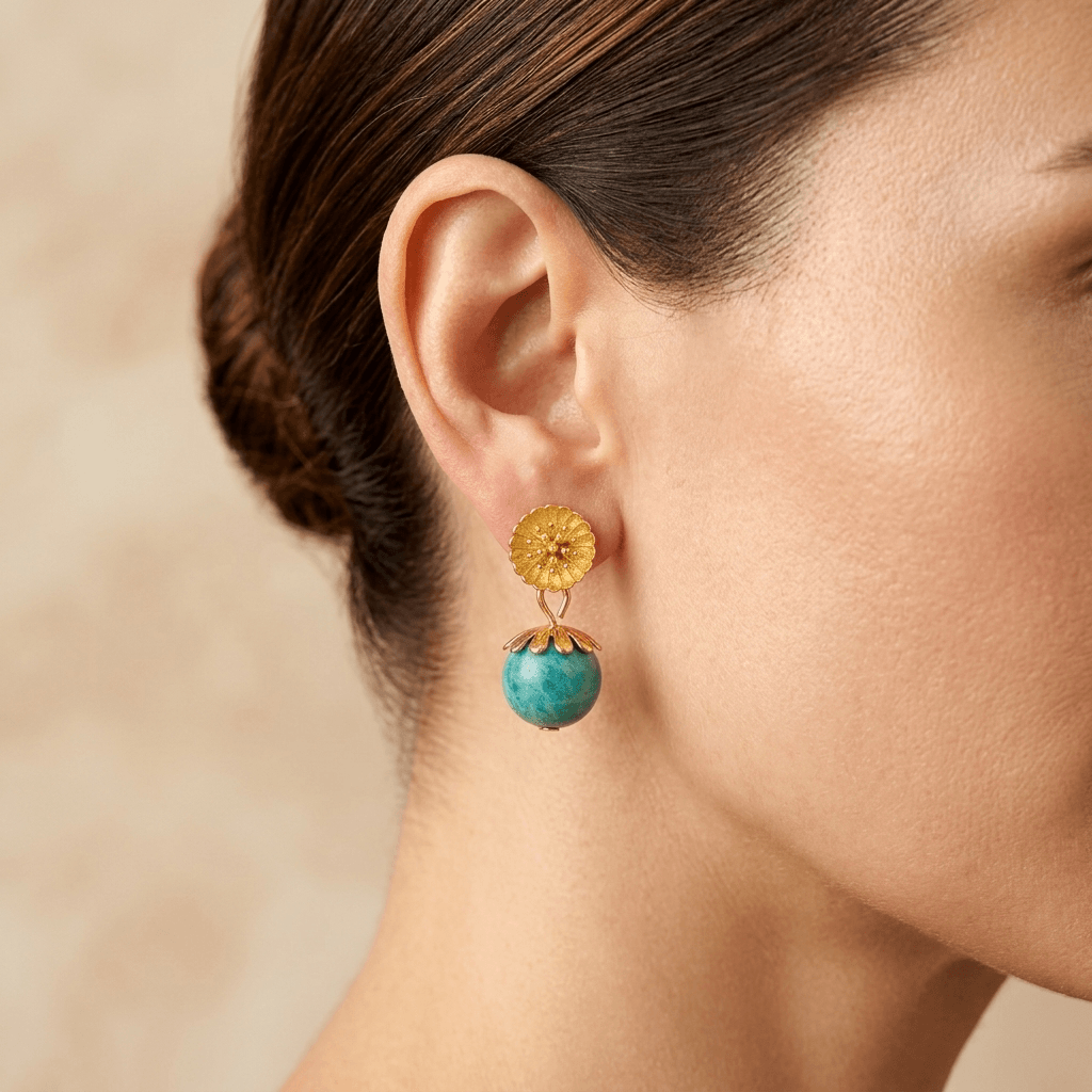 Gold Amazonite Daisy Flower Drop Earrings