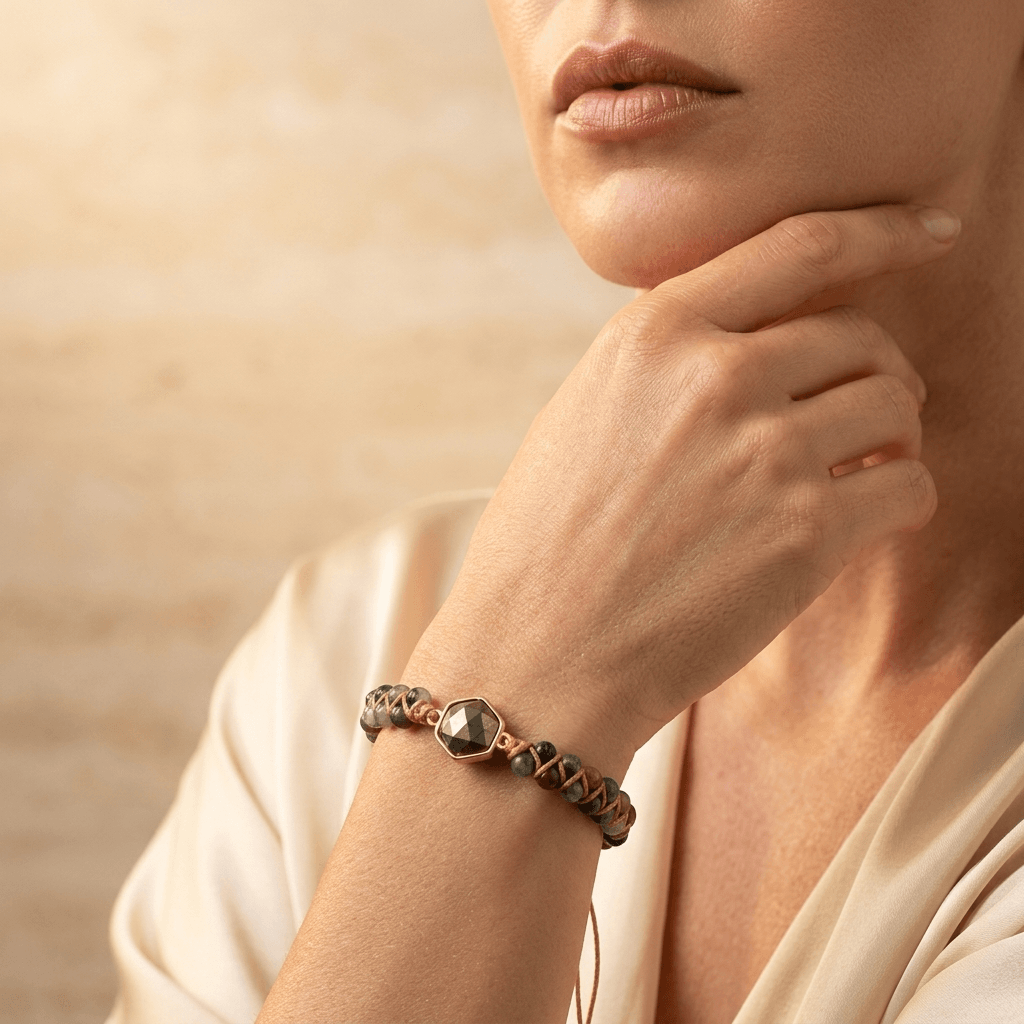 Natural Agate Pyrite Gold Hexagon Beaded Bracelet