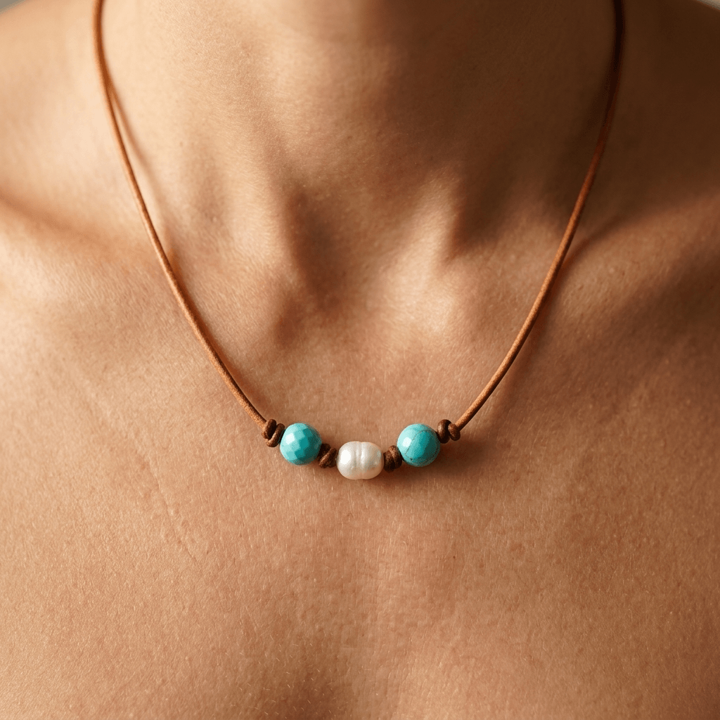 Turquoise Pearl Leather Cord Necklace