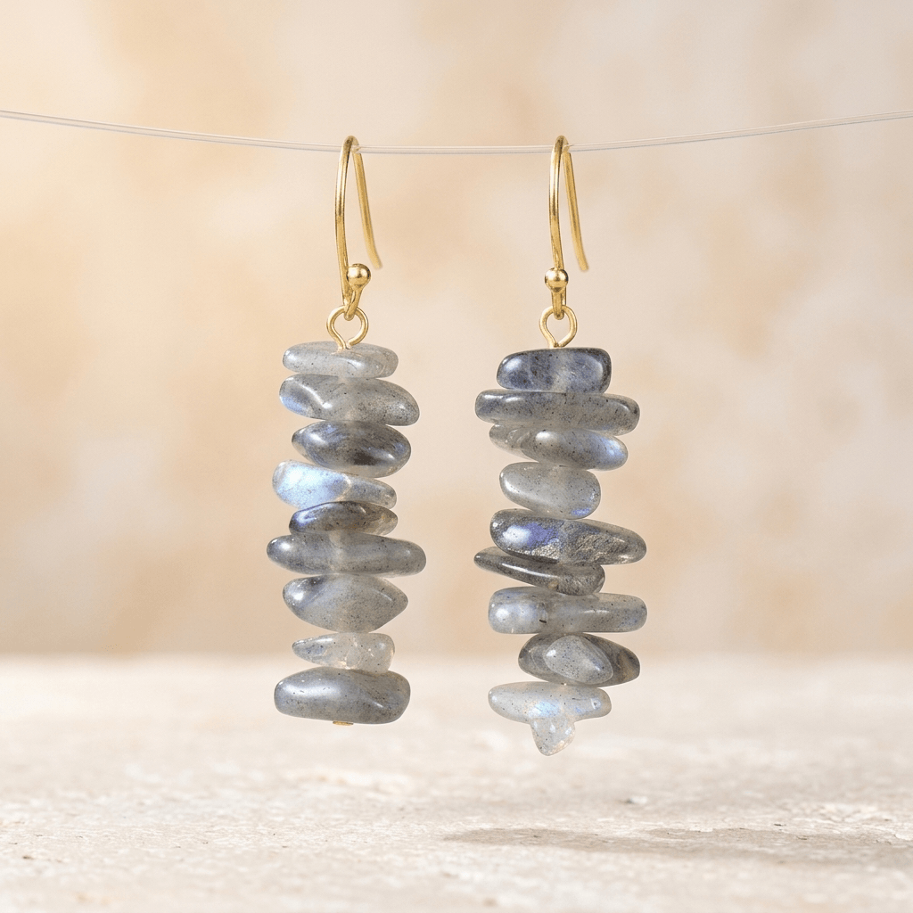 Natural Labradorite Gold Stacked Drop Earrings