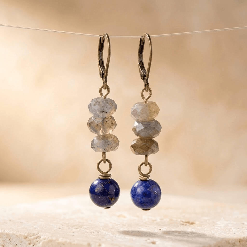 Labradorite Lapis Lazuli Brass Drop Earrings