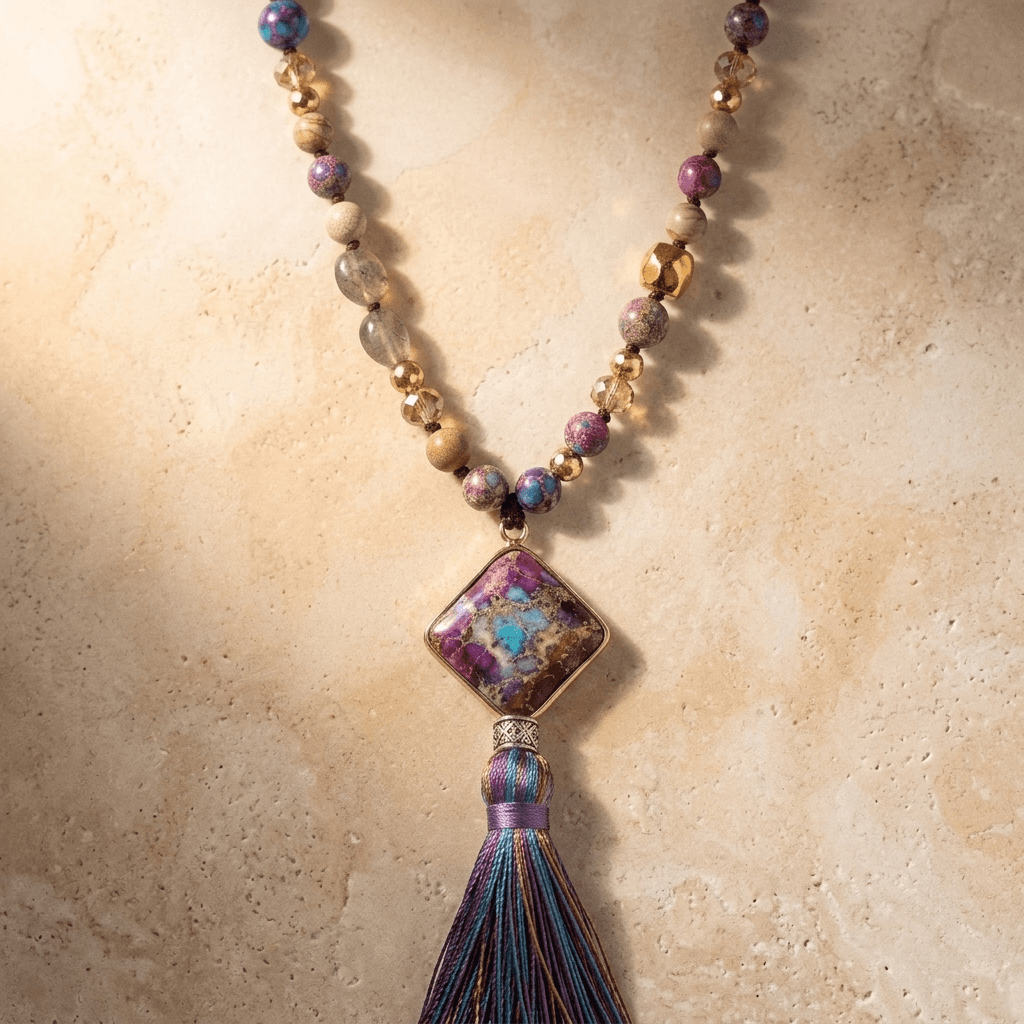 Handmade Purple Jasper Diamond Tassel Necklace