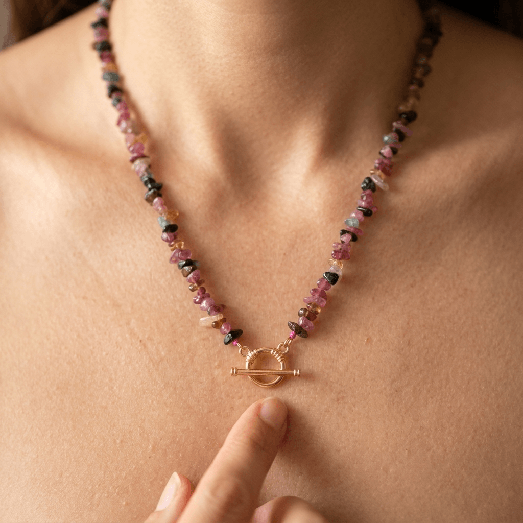 Natural Pink Tourmaline Chip Beaded Necklace