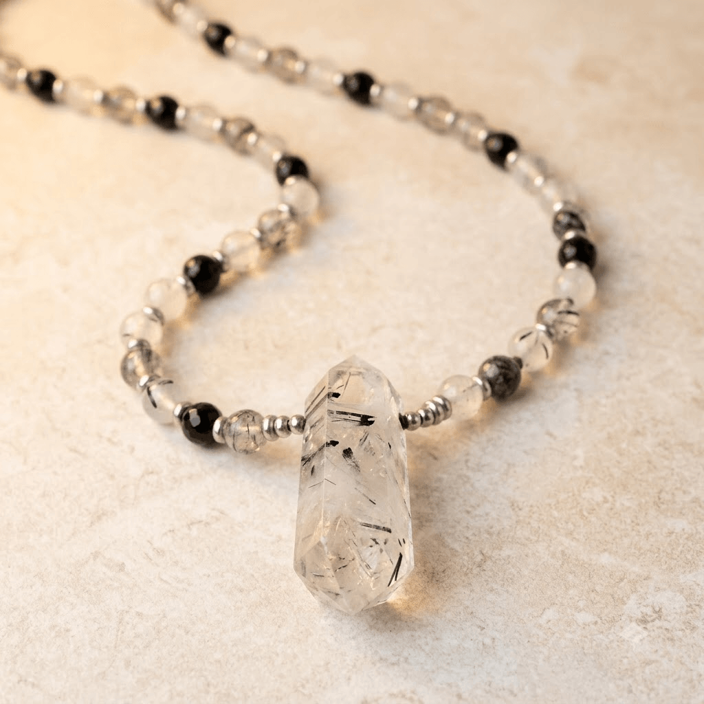 Natural Black Rutilated Quartz Crystal Necklace