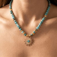 Turquoise Gold Evil Eye Sunburst Pendant Necklace