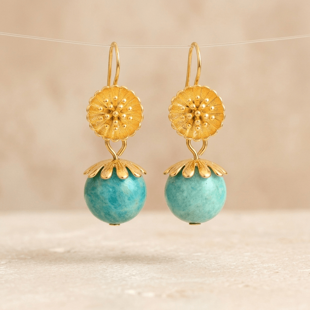 Gold Amazonite Daisy Flower Drop Earrings