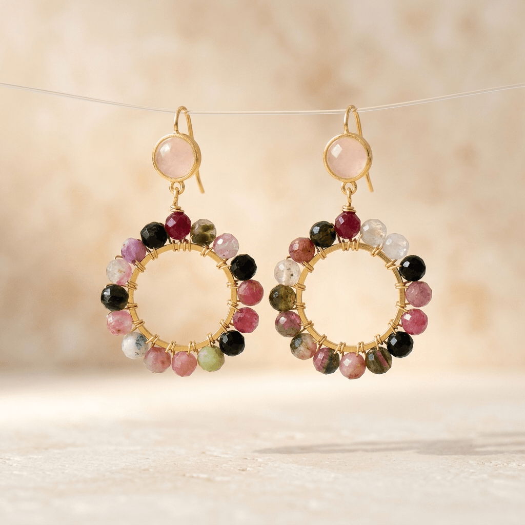 Multicolor Tourmaline Gold Beaded Circle Earrings