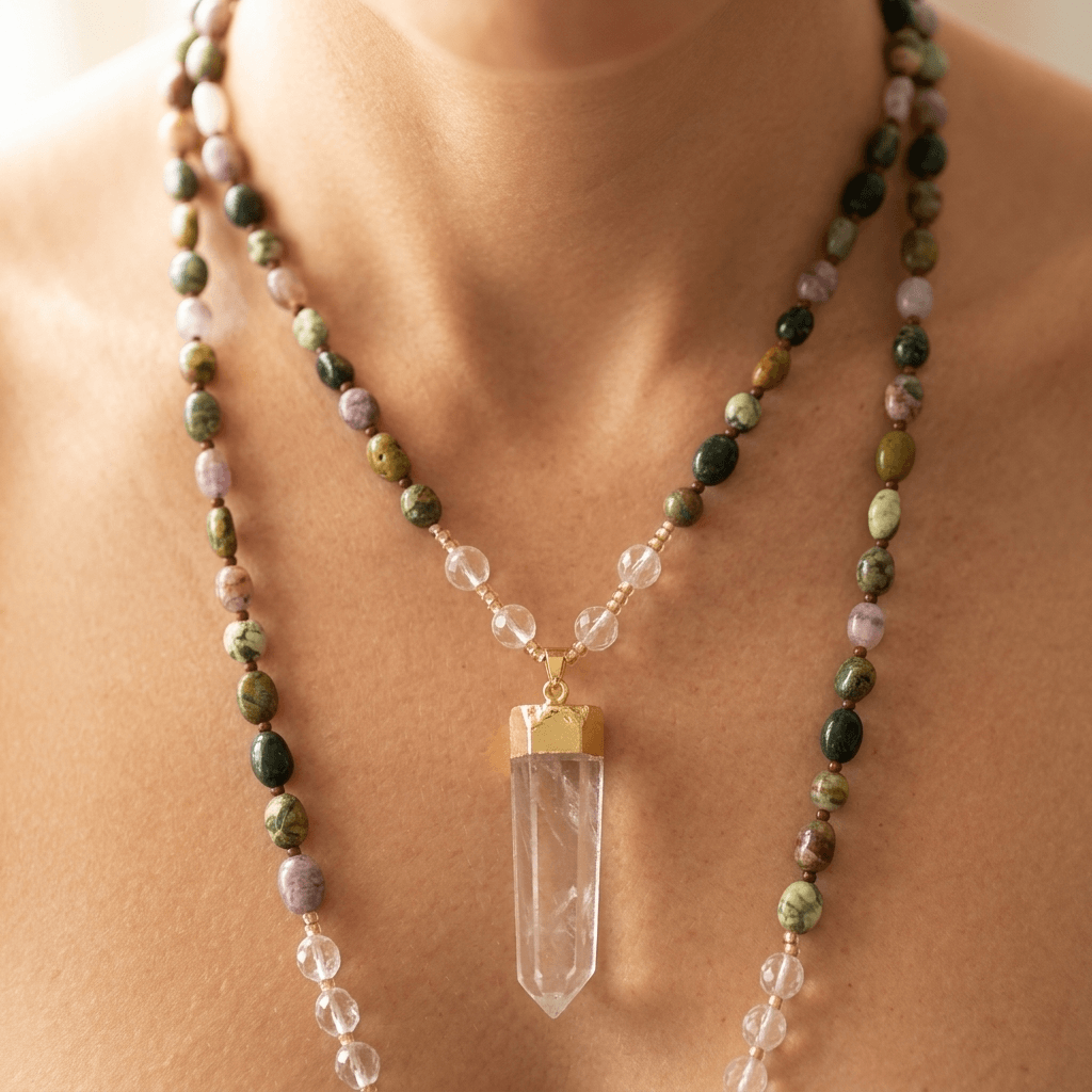 Natural Ocean Jasper Gold Clear Quartz Pendant Necklace