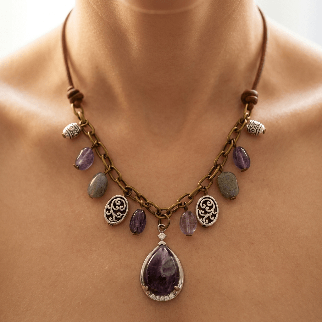 Antique Amethyst Teardrop Silver Chain Necklace