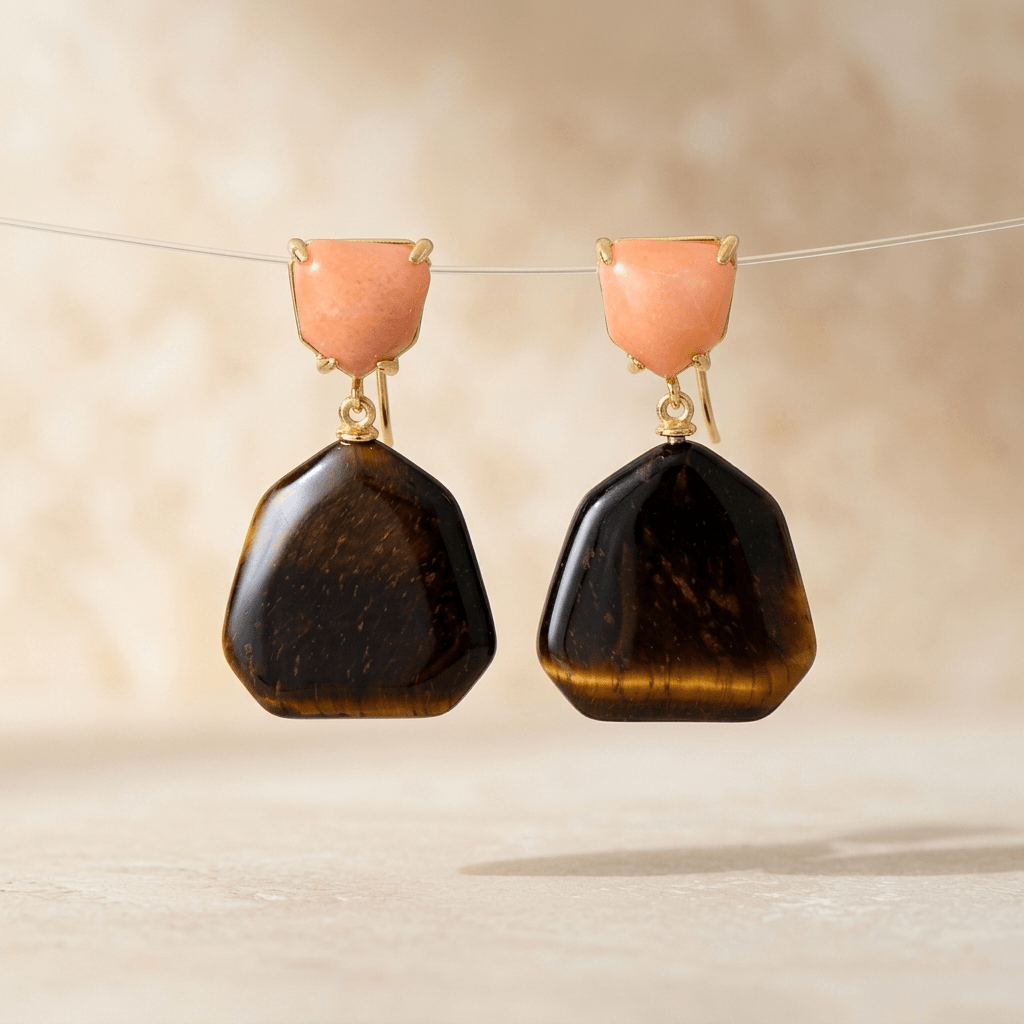 Tiger Eye Peach Stone Gold Drop Earrings