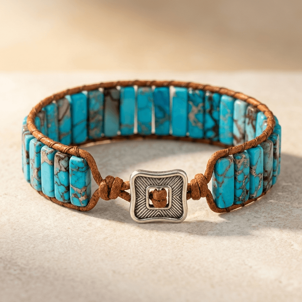 Turquoise Stone Silver Square Boho Bracelet