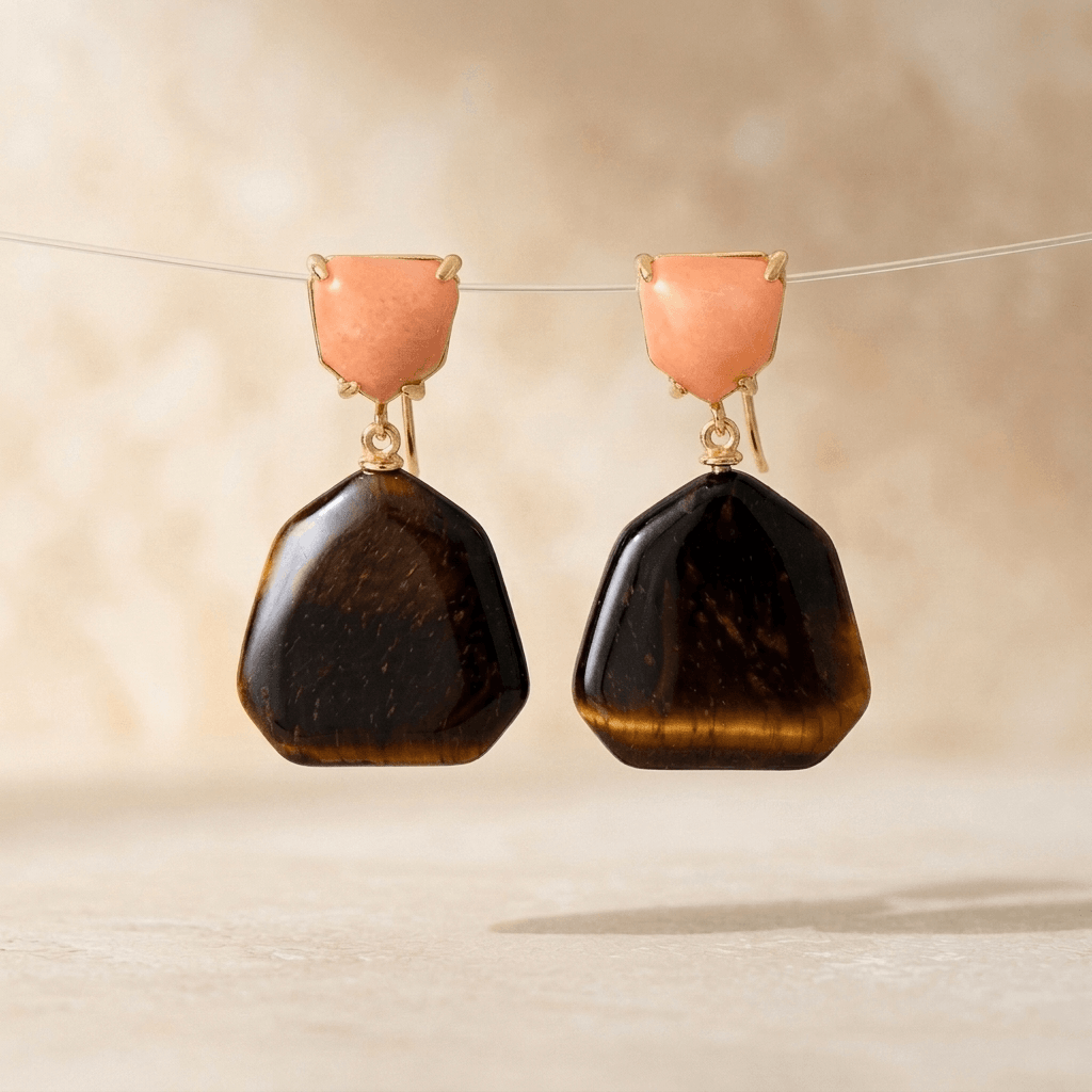 Tiger Eye Peach Stone Gold Drop Earrings