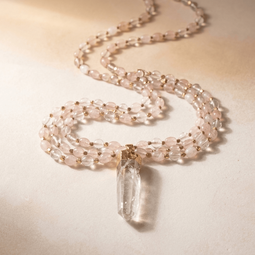 Rose Quartz Clear Quartz Gold Pendant Necklace