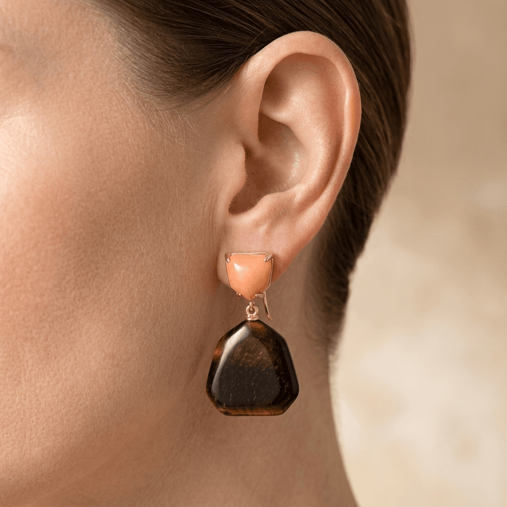 Tiger Eye Peach Stone Gold Drop Earrings