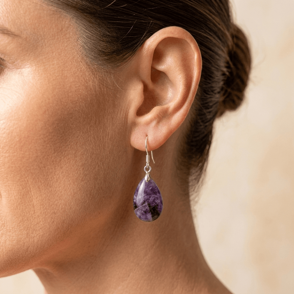 Natural Amethyst Silver Teardrop Drop Earrings