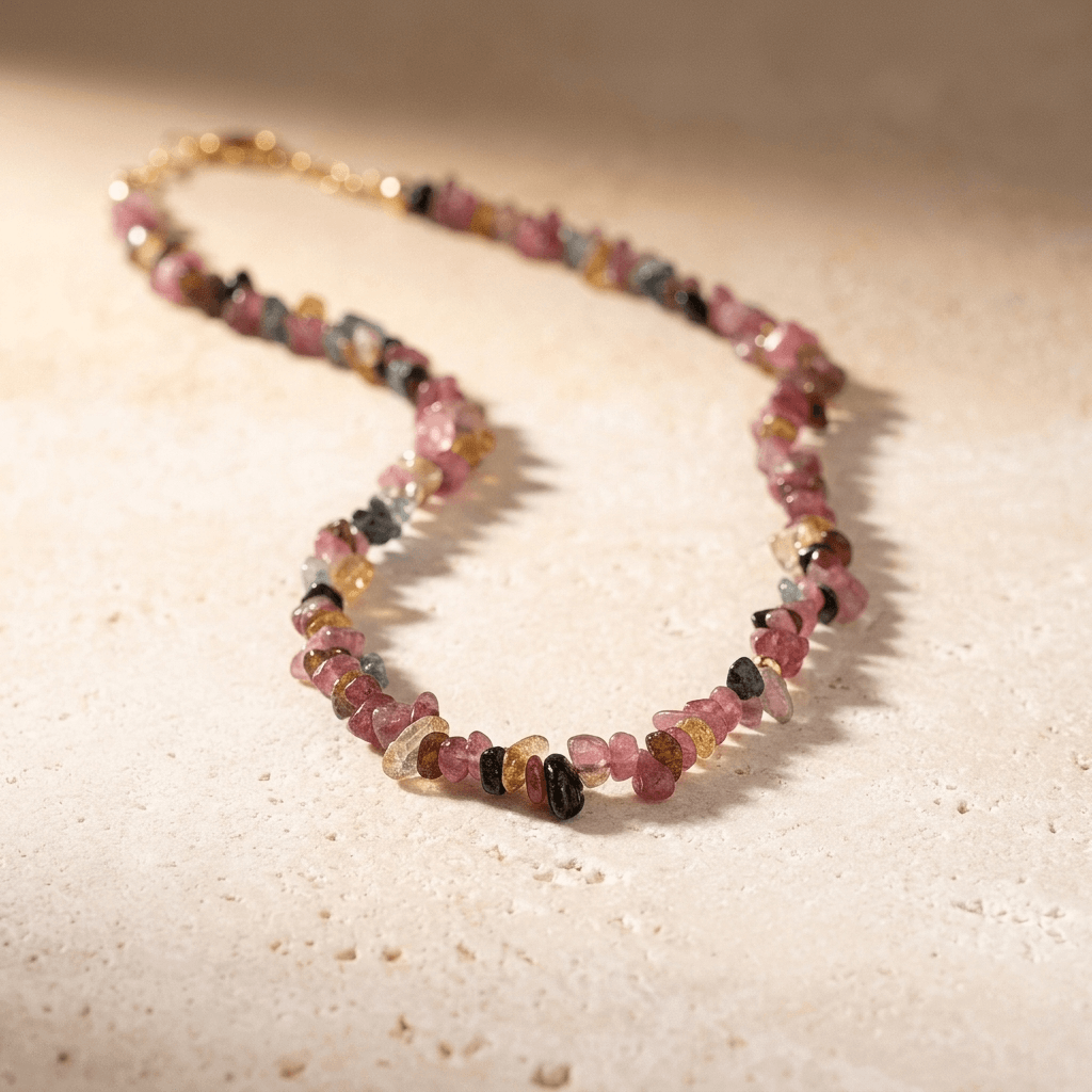 Natural Pink Tourmaline Chip Beaded Necklace