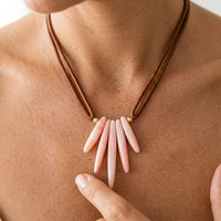 Boho Rose Quartz Spike Leather Necklace