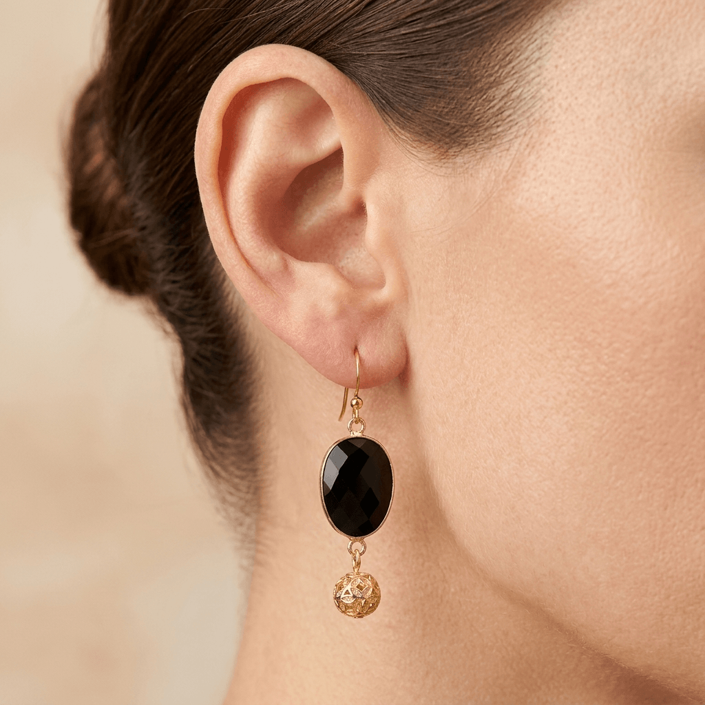 Black Onyx Gold Filigree Ball Drop Earrings