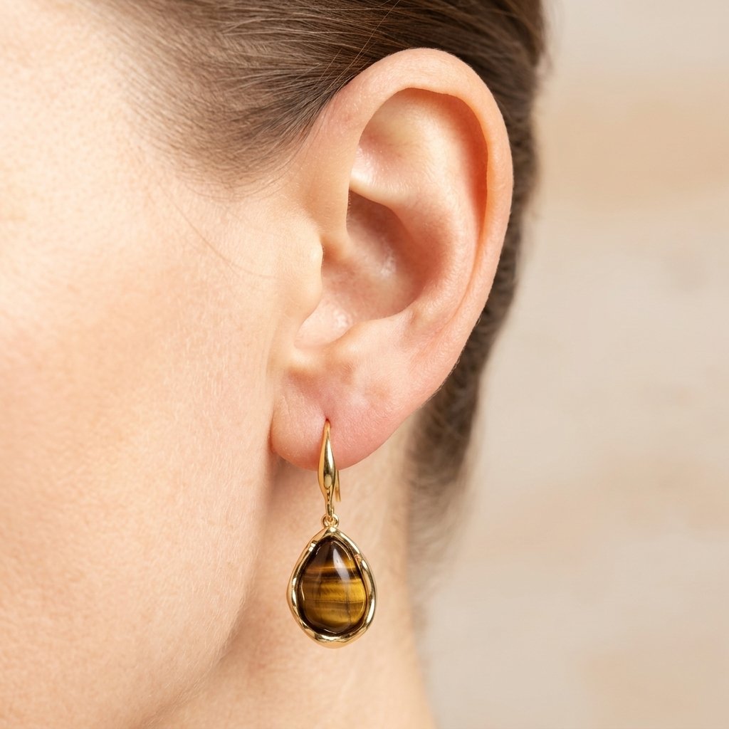 Gold Tigers Eye Teardrop Bezel Earrings