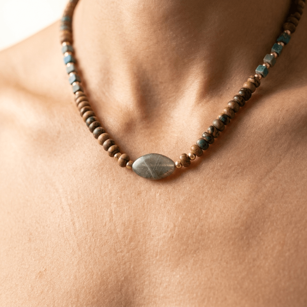 Boho Brass Wood Bead Jasper Necklace