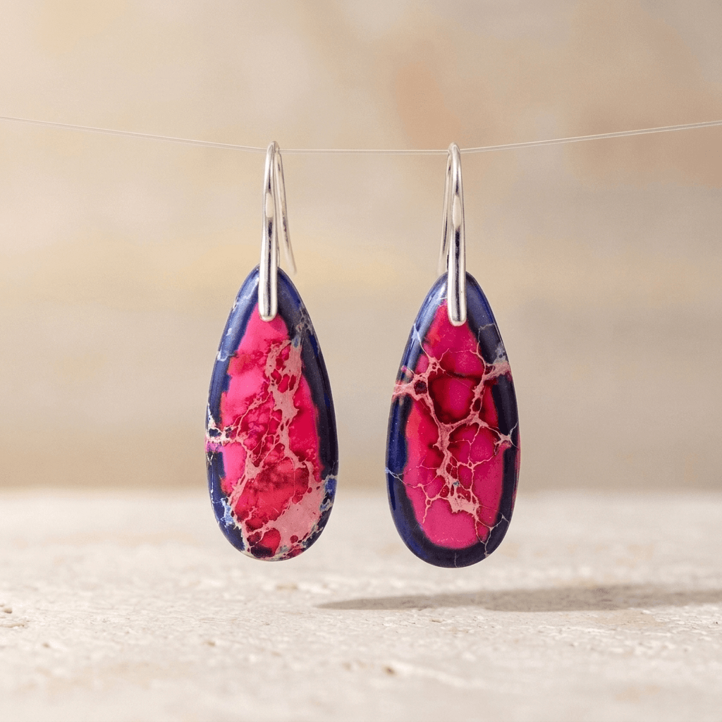 Pink Navy Imperial Jasper Teardrop Silver Earrings