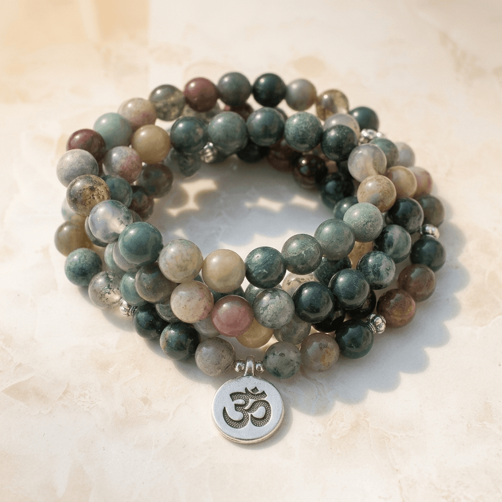Natural Agate Mala Beads Om Pendant Necklace