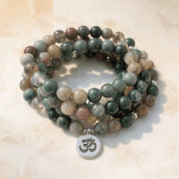 Natural Agate Mala Beads Om Pendant Necklace