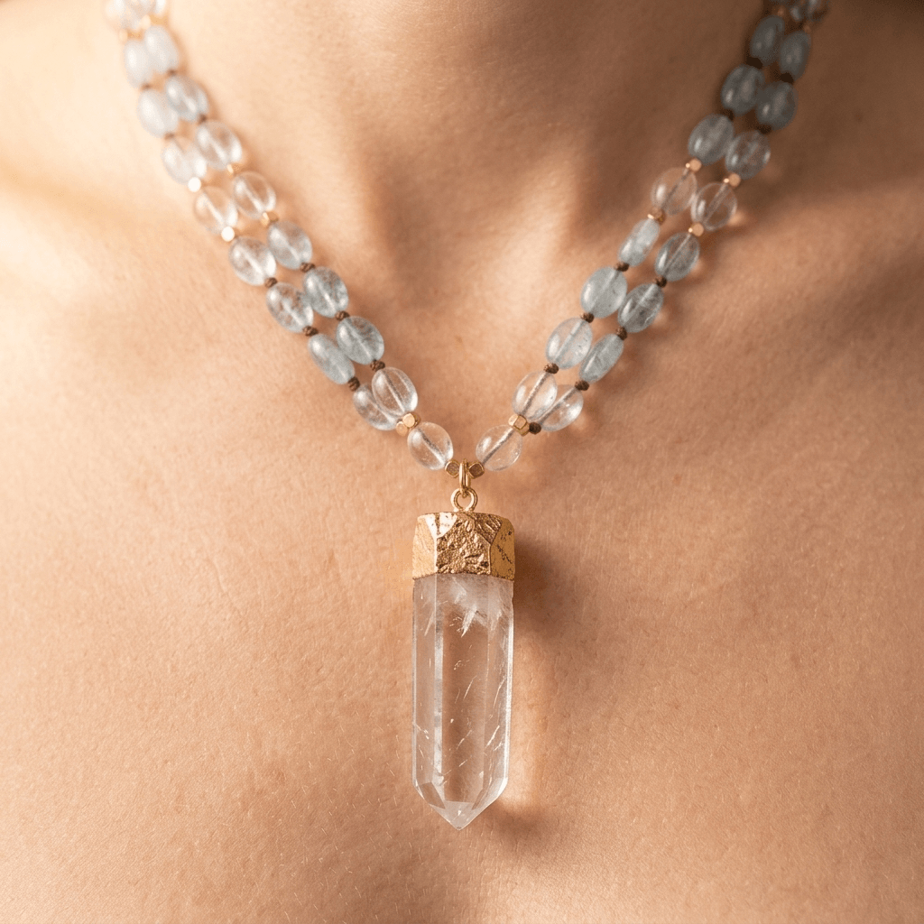 Natural Aquamarine Clear Quartz Point Necklace