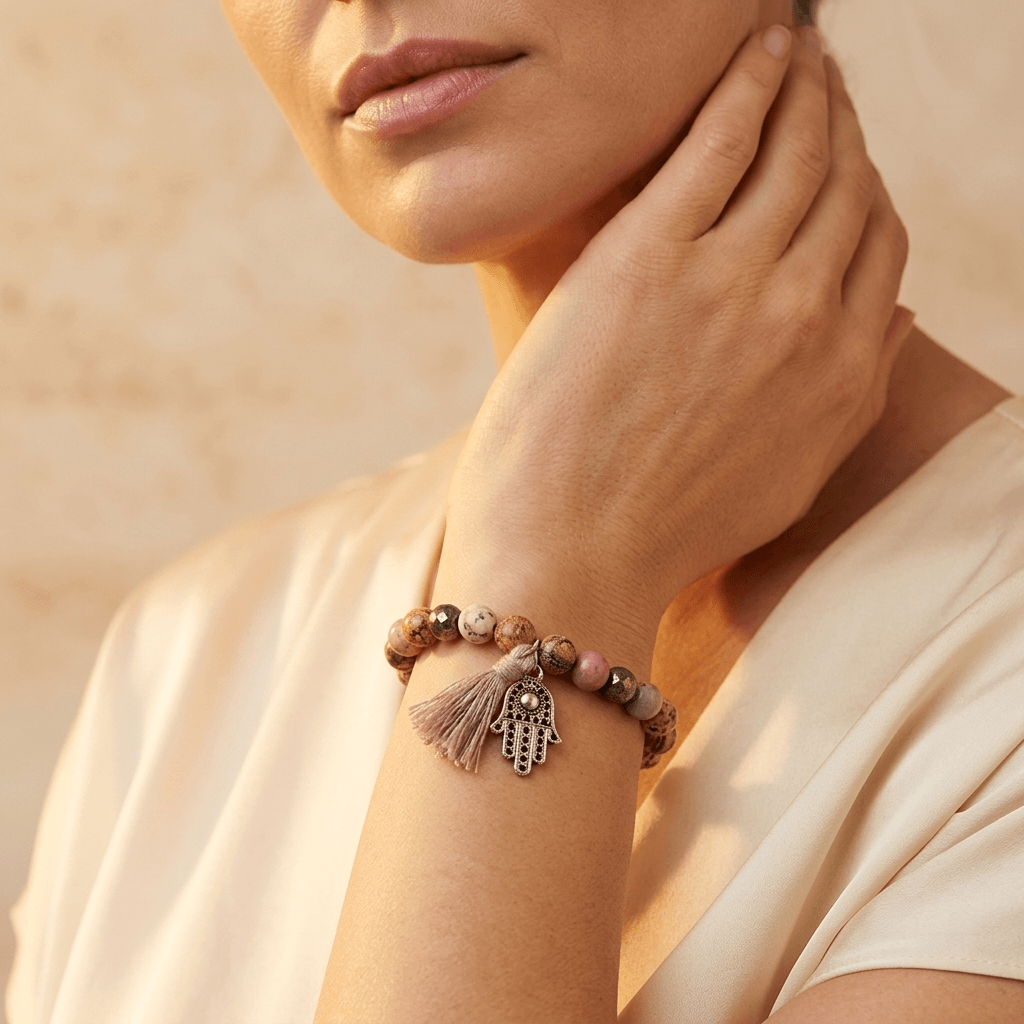 Natural Stone Beaded Hamsa Charm Bracelet