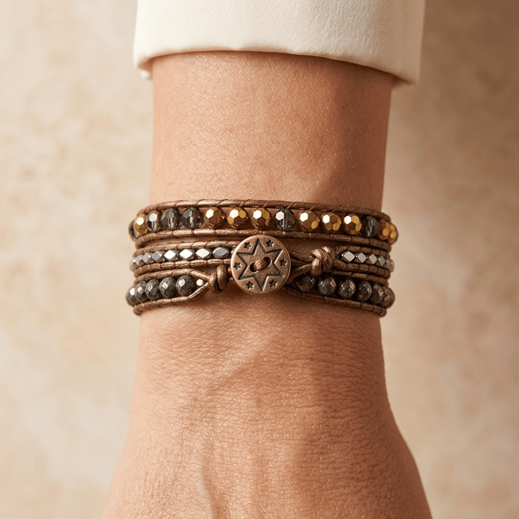 Pyrite Bronze Beaded Wrap Bracelet