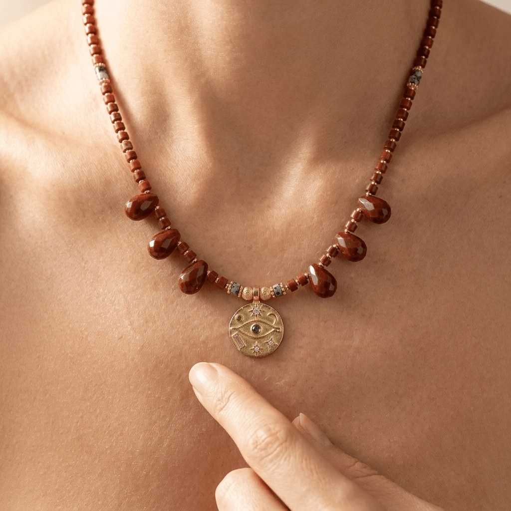 Red Jasper Gold Egyptian Eye Charm Necklace