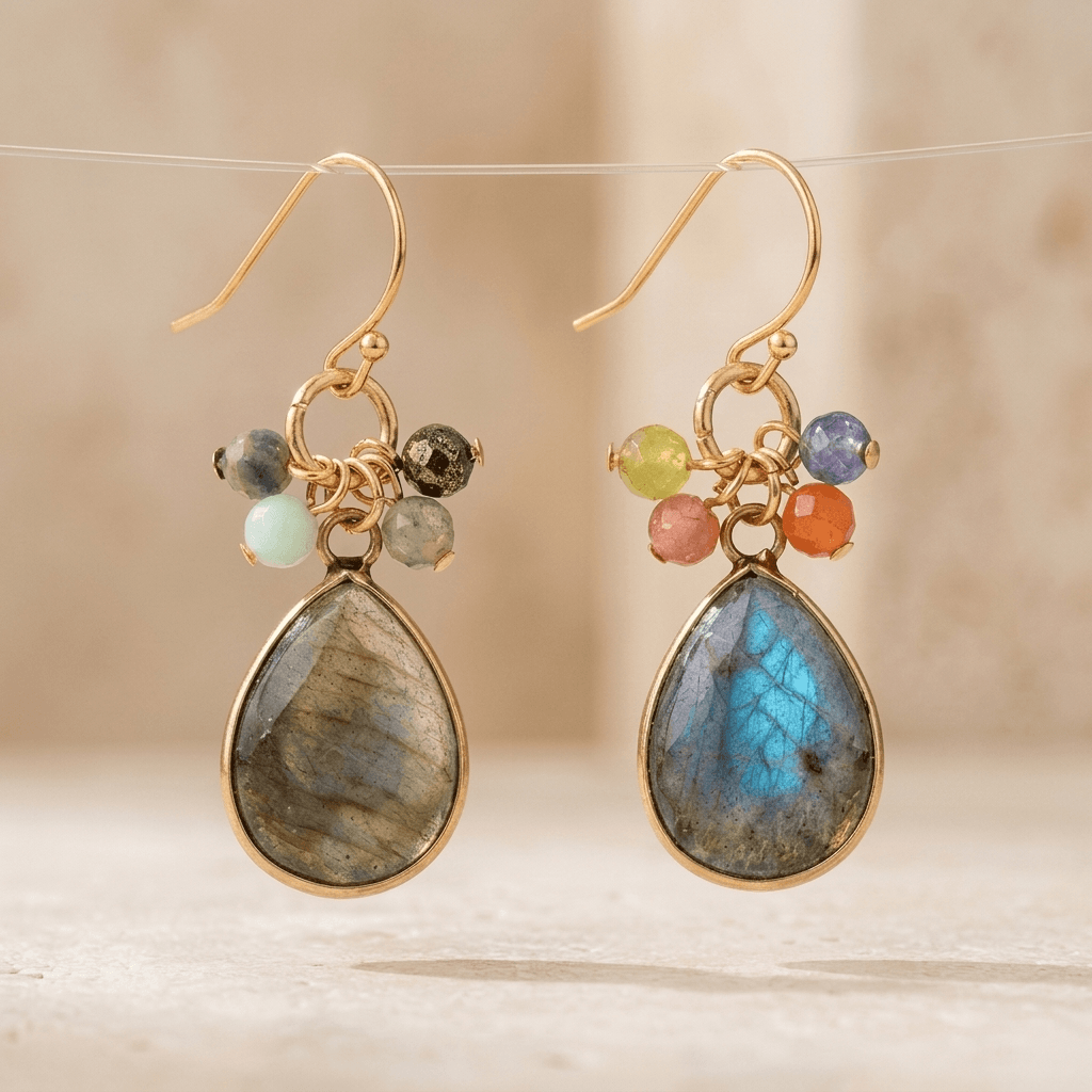 Natural Labradorite Gold Teardrop Earrings