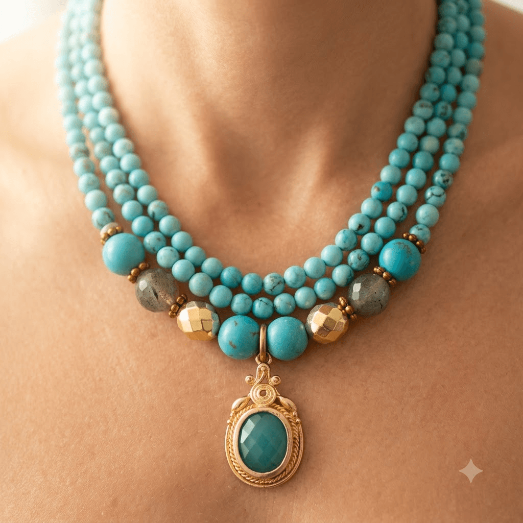 Turquoise Gold Beaded Pendant Necklace
