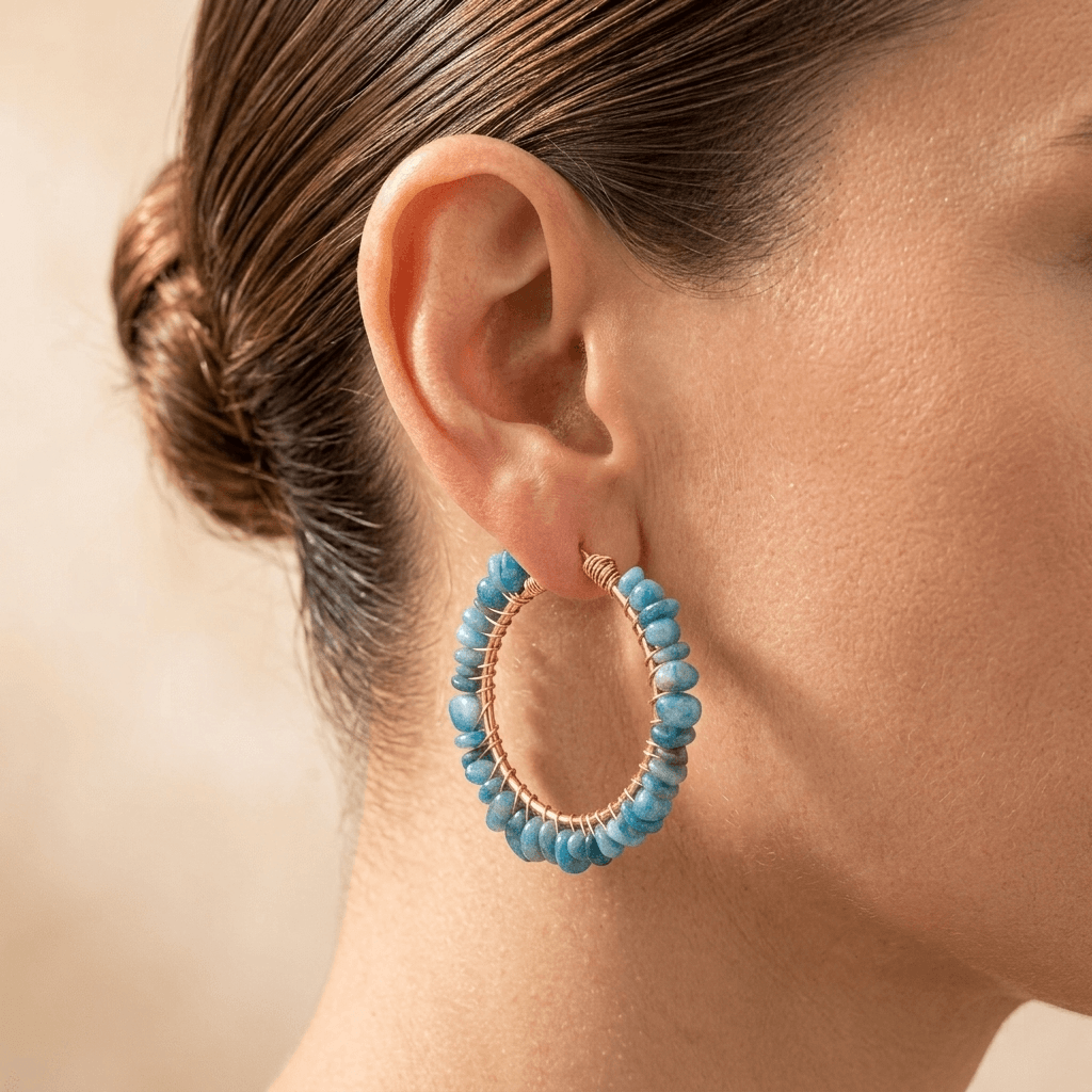 Blue Apatite Gold Wire Hoop Earrings