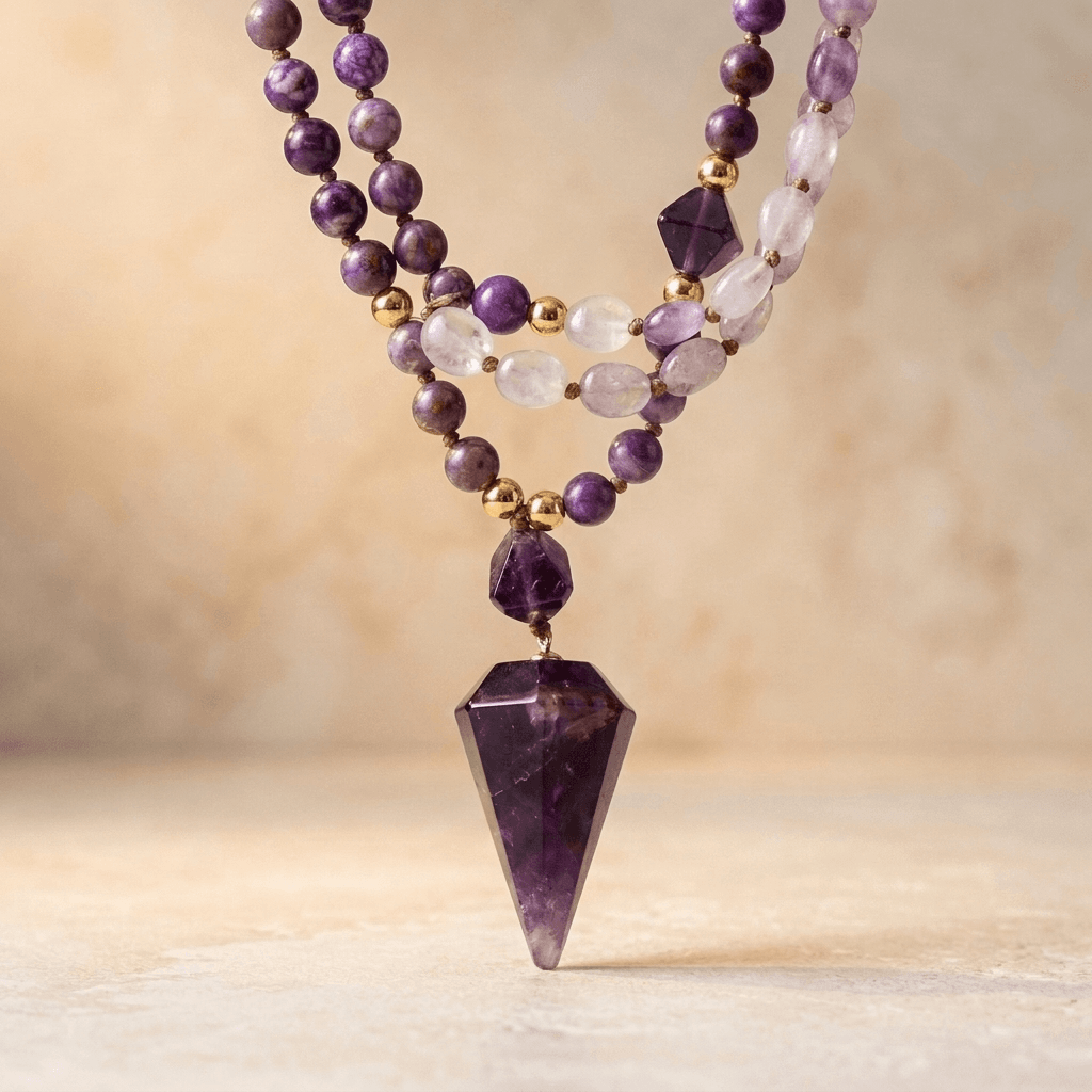 Amethyst Purple Jasper Gold Beaded Necklace