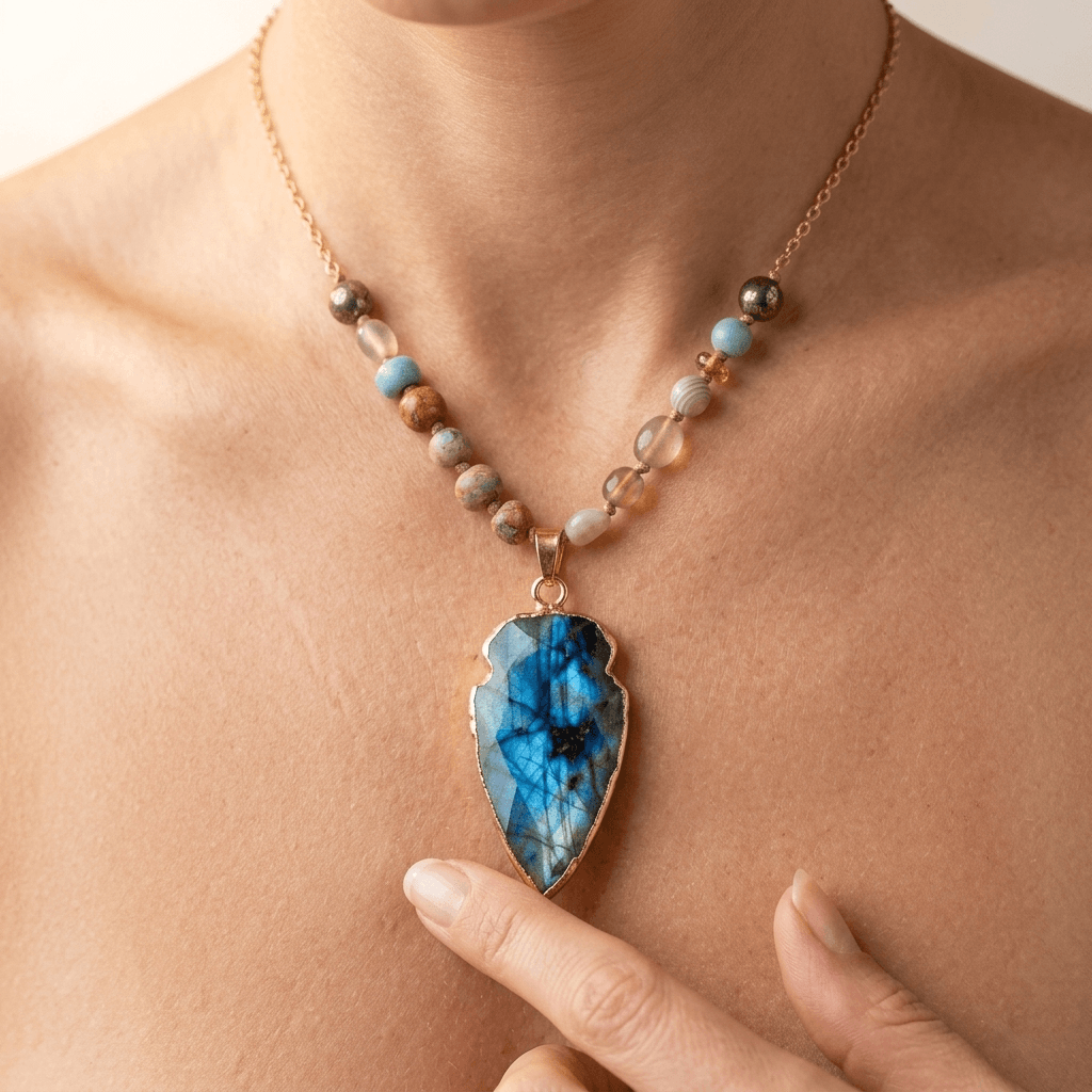 Handmade Labradorite Arrowhead Gold Pendant Necklace