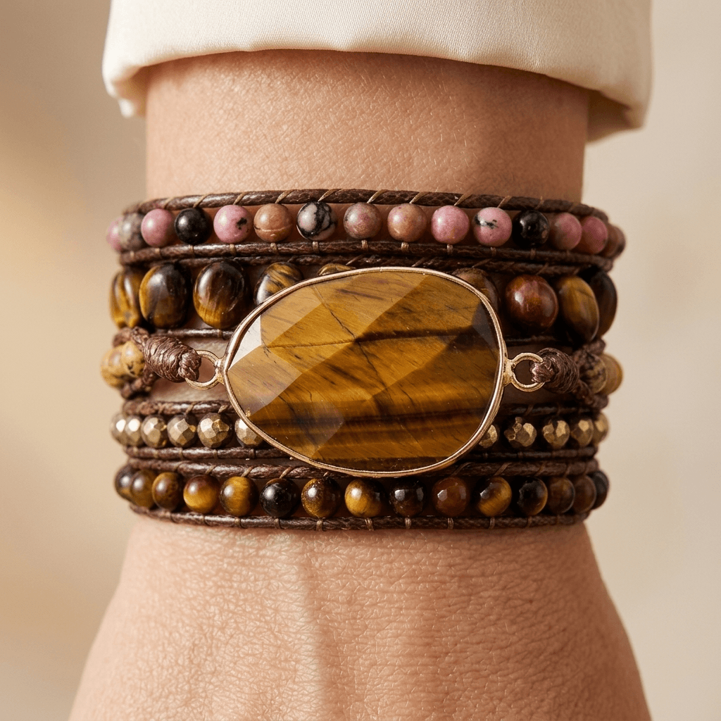 Natural Tiger Eye Rhodonite Leather Wrap Bracelet