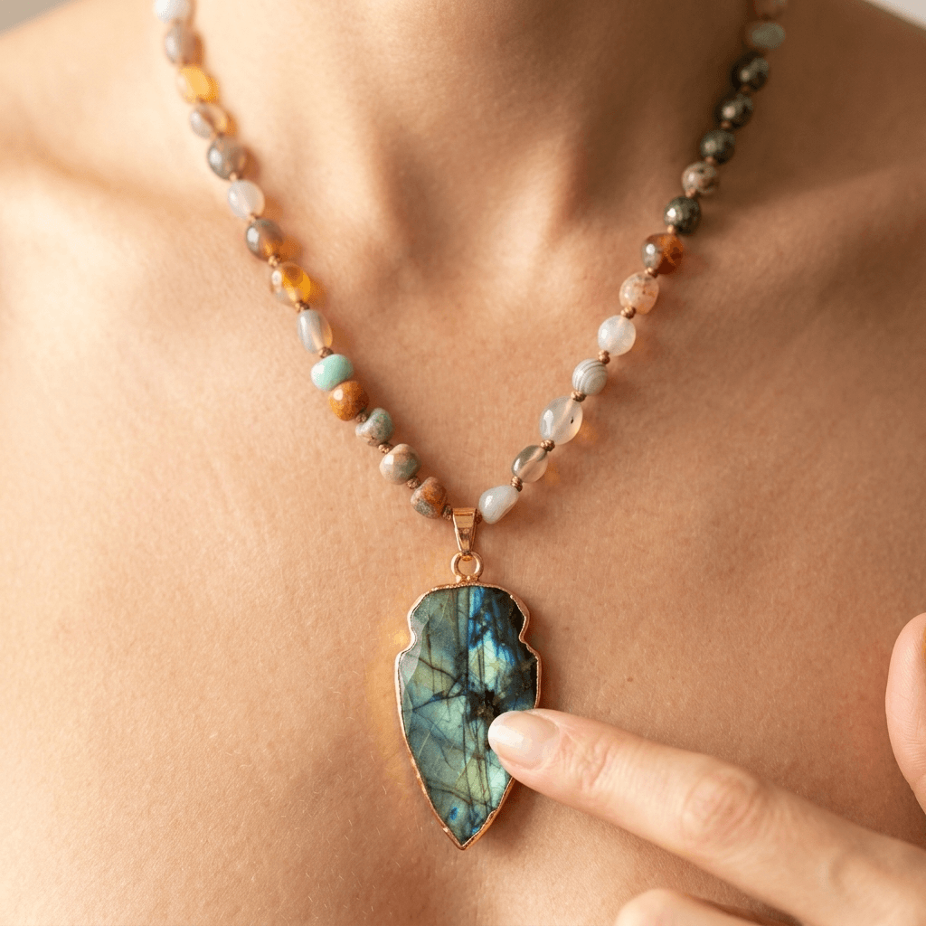 Handmade Labradorite Arrowhead Gold Pendant Necklace