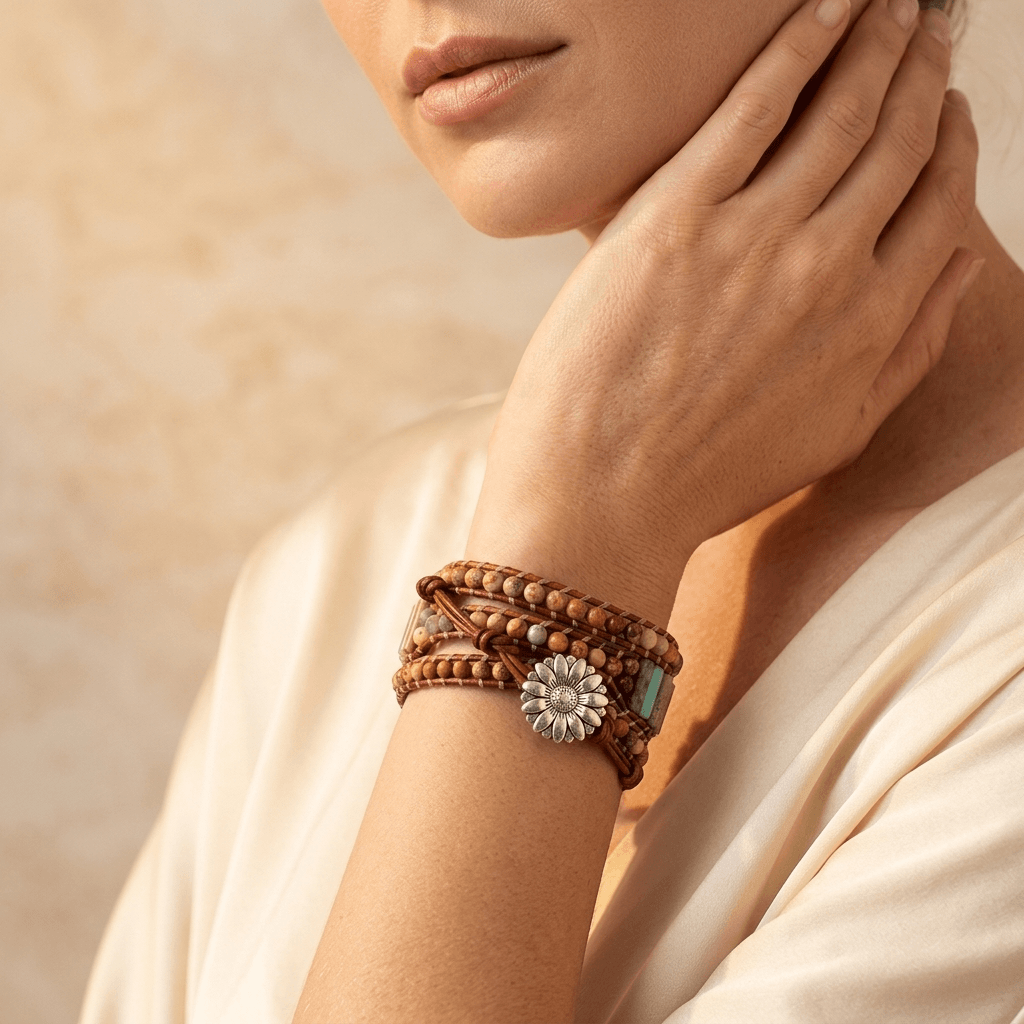Natural Jasper Sunflower Charm Leather Wrap Bracelet