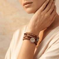 Natural Jasper Sunflower Charm Leather Wrap Bracelet