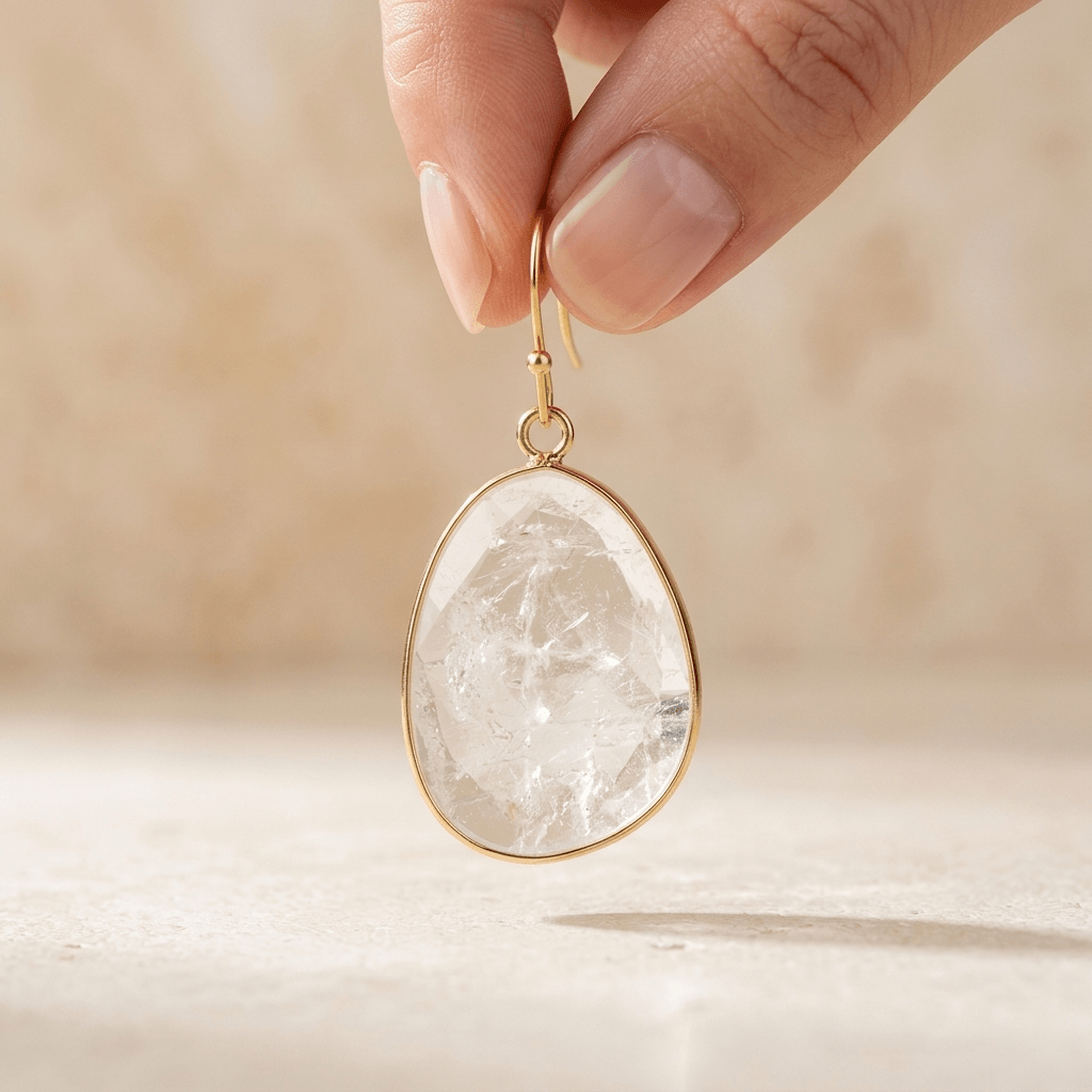 Clear Quartz Gold Teardrop Dangle Earrings