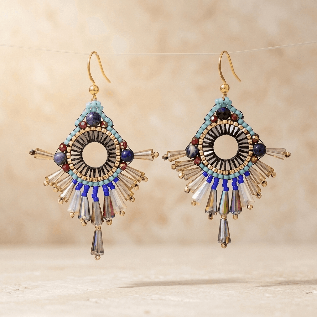 Ethnic Gold Crystal Beaded Dangle Earrings