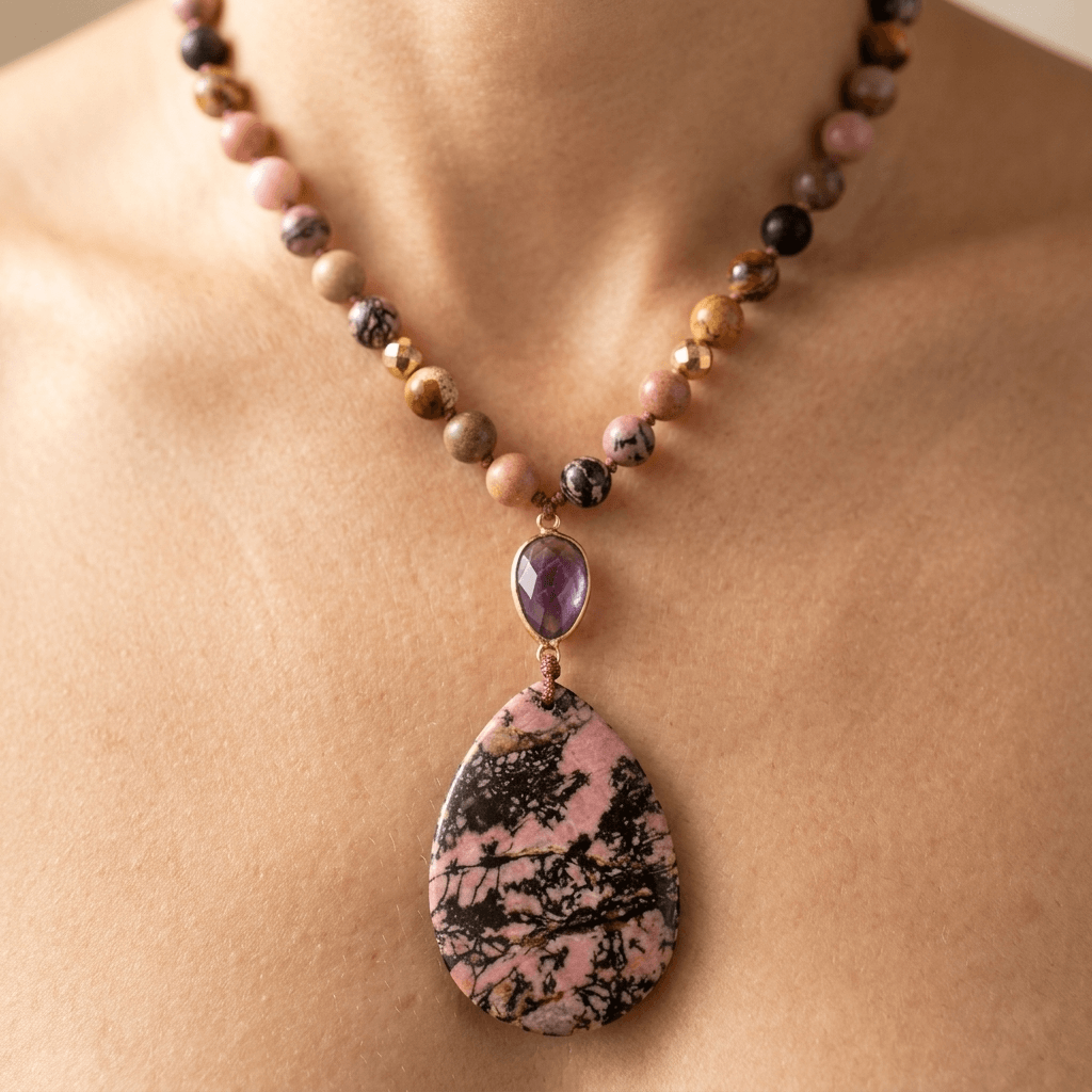 Natural Rhodonite Jasper Teardrop Pendant Necklace