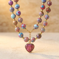 Boho Gold Pink Purple Stone Heart Necklace