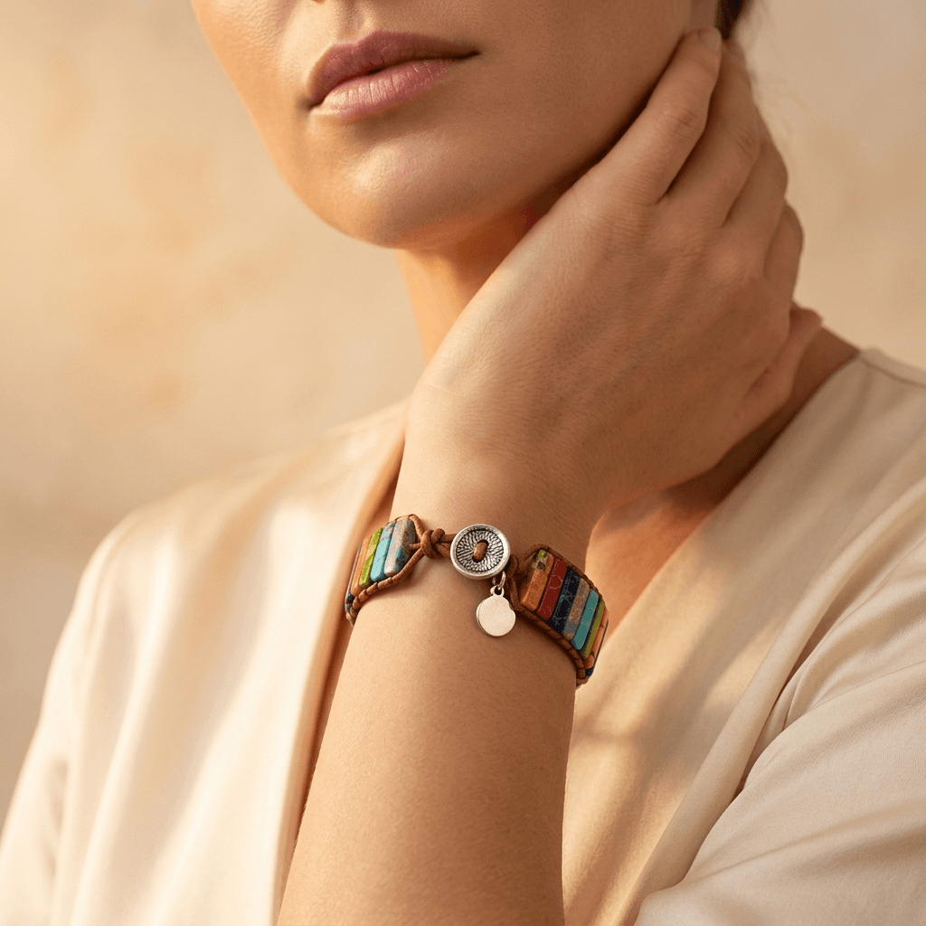Colorful Rainbow Jasper Leather Wrap Bracelet