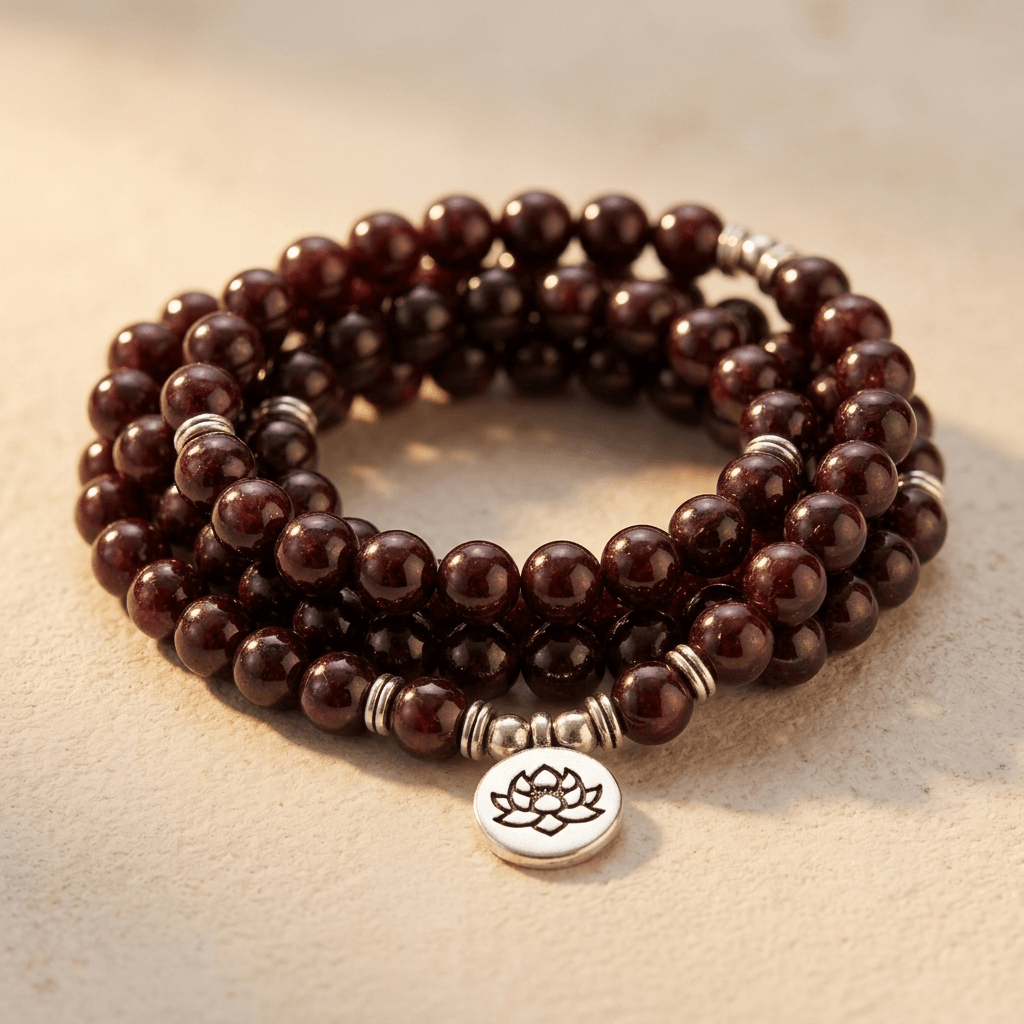Natural Garnet Mala Beads Lotus Charm Bracelet