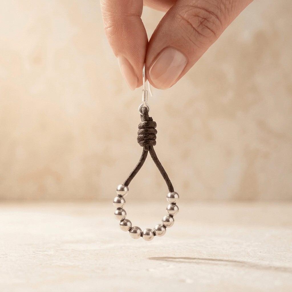 Brown Leather Silver Bead Teardrop Earrings
