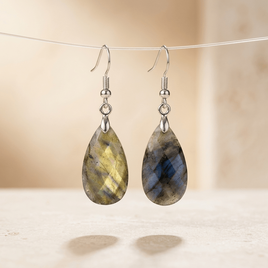 Natural Labradorite Silver Faceted Drop Earrings